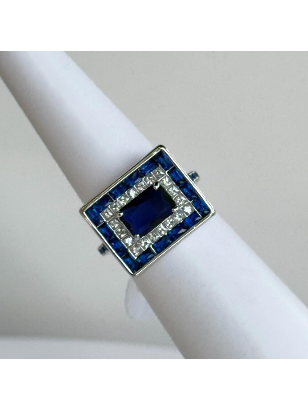 Bomb Party Ring Sz 9 "Modern Elegance Abound" Lab Created Sapphire on Rhodium